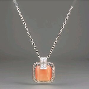 Elegant Silver and Orange Pendant Necklace 38 In Adjustable